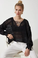 Happiness İstanbul Women's Black Cross String Summer Openwork Knitwear Sweater