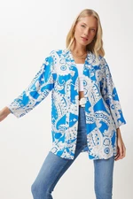 Happiness İstanbul Women's Blue and White Patterned Viscose Kimono