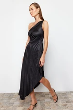 Trendyol Black Asymmetrical Pleat Detailed Knitted Satin Elegant Evening Dress