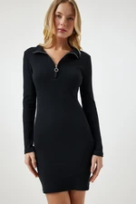 Happiness İstanbul Women's Black Zipper High Neck Ribbed Knitted Dress