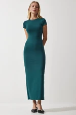 Happiness İstanbul Women's Emerald Green Crew Neck Saran Sandy Knitted Dress