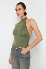 Trendyol Light Khaki High Neck Low-Cut Back Flexible Snaps Knitted Bodysuit