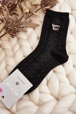 Women's patterned socks with an inscription and a teddy bear, black