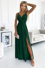 498-2 Long dress with neckline and double straps - GREEN WITH BROCADE