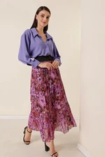 By Saygı Wide Waist, Elastic Lined Chrysanthemum Pattern Tri-Pleat Skirt Purple