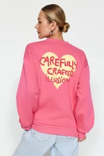 Trendyol Pink Thick Fleece Inside With Relief Print On The Chest And Back, Oversized Knitted Sweatshirt