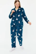 Trendyol Curve Oil Penguin Patterned Shirt Collar Knitted Pajama Set