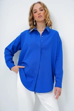 Trend Alaçatı Stili Women's Saxe Blue Oversize Long Woven Shirt