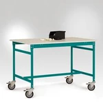 Manuflex LB4083.5021 Odkládací stolek ESD ZÁKLADNÍ mobilně se kaučuk stolní deska ve vodní modrá RAL 5021, Šxhxv: 2000 x 800 x 850 mm