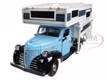 1941 Plymouth Pickup Truck with Camper Shell Light Blue and White 1/24 Diecast Model Car by Motormax