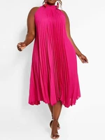 Solid Holiday Sleeveless Pleating Plus Size Dress for Women