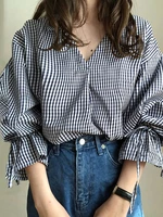 Women Plaid Long Sleeve Lattice Lace-up V-Neck Butterfly Knot Leisure Shirts