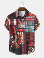 Men Vintage Scarf Print Spliced Curved Hem Shirts