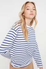 Trendyol White Striped Oversize/Wide Fit Crew Neck Slim Knitted Sweatshirt