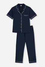 Dagi Navy Blue Shirt Collar Piping Detailed Knitted Pajamas Set