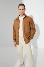 Trendyol Camel Men Regular Fit Shirt Collar Long Sleeve Buttoned Pocket Suede Overshirt Shirt