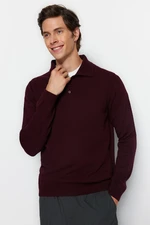 Trendyol Claret Red Slim Fit Wool Polo Collar Buttoned Smart Knitwear Sweater