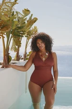 Trendyol Curve Burgundy V-Neck Textured Swimsuit