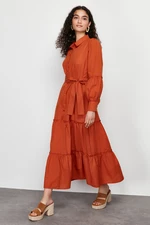 Trendyol Tile Straight Skirt Frilly Belt Detailed Woven Dress