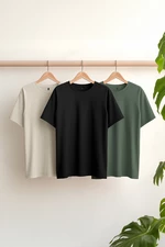 Trendyol černý-kamenný-tmavě zelený základní slim/slim fit 100% bavlna 3-balení triček