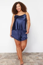 Trendyol Curve Navy Blue Frill Detailed Satin Woven Pajamas Set