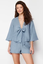 Trendyol Premium Blue 100% Cotton Muslin Woven Pajama Set with Tie/Ribbon/Bow Detail
