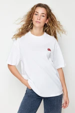 Trendyol White 100% Cotton Embroidered Oversize/Wide Fit Crew Neck Knitted T-Shirt