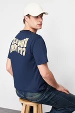 Trendyol Navy Blue Oversize/Wide Cut Raised Text Back Printed 100% Cotton T-shirt