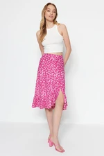 Trendyol Fuchsia Printed High Waist Midi Flexible Knitted Skirt with Gather Detail and Flounce