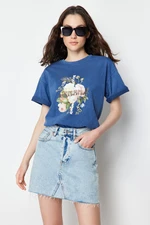 Trendyol Indigo 100% Cotton Printed and Faded Effect Oversize/Comfortable Fit Knitted T-Shirt