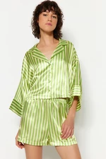 Trendyol Multi Color-Green Striped Satin Shirt-Shorts Woven Pajamas Set