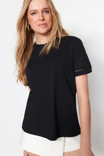 Trendyol Black 100% Cotton Basic Crew Neck Knitted T-Shirt with Embroidery Detail