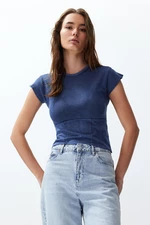 Trendyol Indigo Plain Washed Slim Crew Neck Crop Knitted Blouse