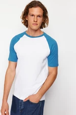 Trendyol Blue Regular/Regular Fit Black Sleeve Paneled 100% Cotton Short Sleeve T-Shirt