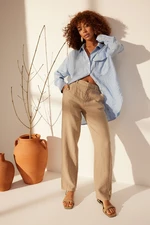 Trendyol Mink 100% Linen High Waist Wide Leg Trousers