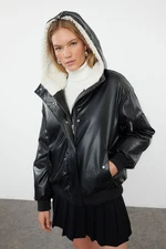 Trendyol Black Oversize Pattern Hooded Plush Detailed Quilted Puffer Coat