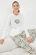 Trendyol White-Multicolored 100% Cotton Lip and Leopard Patterned Knitted Pajama Set