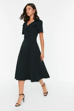 Trendyol Black Button Detailed Skater/Belt Opening Midi Woven Dress