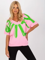 Pink and green blouse with print and neckline on back