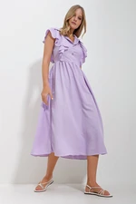 Trend Alaçatı Stili Women's Lilac Shirt Collar Half Pop Ruffle Detail Hidden Zipper Midi Length Dress