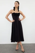 Trendyol Black A-Cut Floral Appliqued Woven Elegant Evening Dress