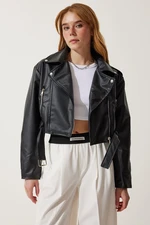 Happiness İstanbul Women's Black Belted Short Faux Leather Jacket