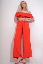 Trend Alaçatı Stili Women's Coral Madonna Collar Gimped Crop Blouse And Palazzo Pants Woven Bottom Top Set