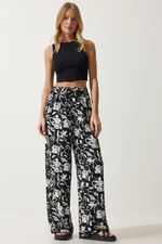 Happiness İstanbul Women's White Black Patterned Flowy Viscose Palazzo Trousers