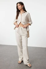 Trendyol Beige Linen Blend High Waist Striped Wide Leg Trousers