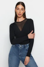 Trendyol Black Crew Neck Tulle Decollete Snap Snap Elastic Knitted Body