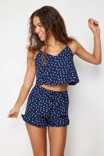 Trendyol Navy Blue Polka Dot Ruffle Detailed Rope Strap Viscose Woven Pajama Set