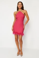 Trendyol Fuchsia Fitted Otriches Shiny Stone Woven Short Evening Dress