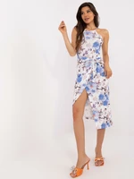 Summer white and blue floral dress with tie