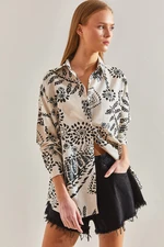 Bianco Lucci Women's Large Leaf Patterned Loose Linen Shirt